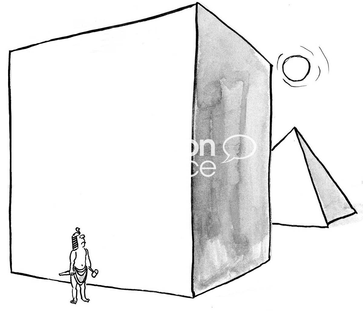 Education b&w cartoon of an Egyptian warily looking a the huge stone he has to carve into a pyramid.
