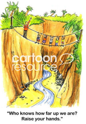 Education color cartoon of children hanging on with hands and feet to a tight line hung between two cliffs. The teacher yells out if you now how high up we are, raise your hand.