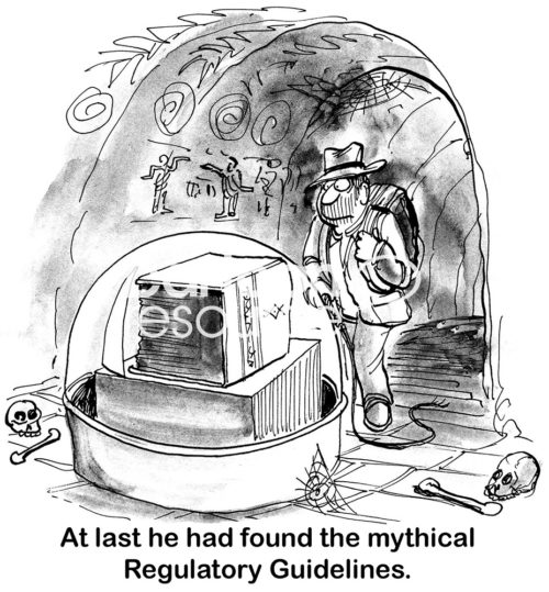 Regulatory b&w cartoon showing an explorer who has finally discovered the mythical, huge Book of Regulations, deep inside an archaeological cave. 