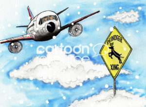 Christmas color cartoon of two airplane pilots piloting a plane and worried as they see a "reindeer crossing" sign in the sky.