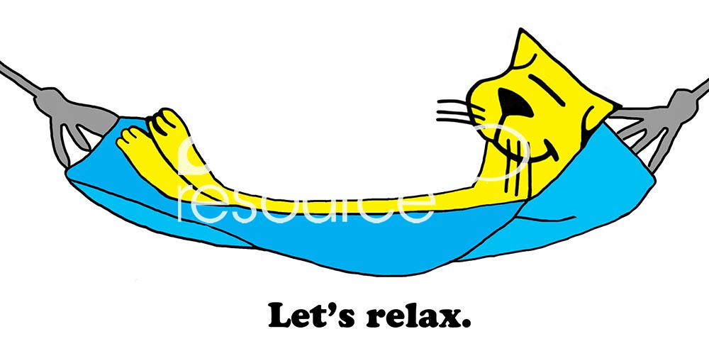 Cat color cartoon showing a smiling yellow cat relaxing in a blue hammock, "Let's relax".