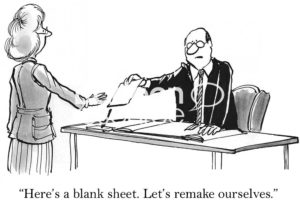 Leadership cartoon showing a businessman leader handing a blank sheet of paper to the VP and saying, "... let's remake ourselves".