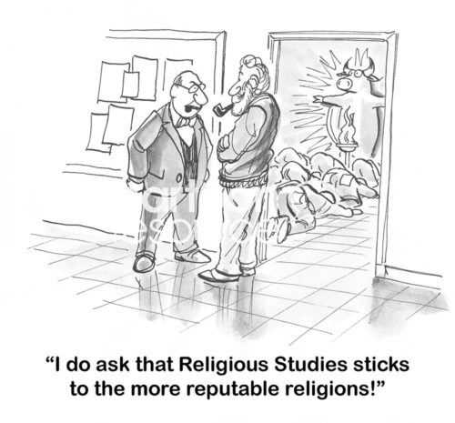 Education b&w cartoon of a male religion professor having his students bow down to a pagan god. The upset male dean says to the professor, "I do ask that Religious Studies sticks to the more reputable religions!".