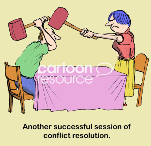 Conflict color cartoon showing angry man and angry woman pounding each other on the head with mallets.