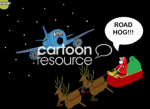 Christmas color cartoon of an airplane about to run into Santa and the reindeer as they fly through the night sky. Santa yells out 'road hog'.
