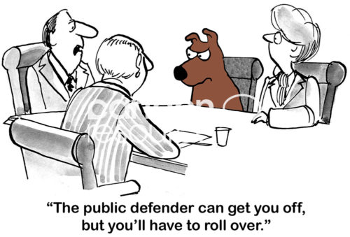 Legal color cartoon of a lawyer saying to a brown dog , 'The public defender can get yo off, but you'll have to roll over'.