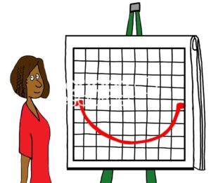 Color sales cartoon illustration of an African-American woman standing by a sales chart with a large smile on it.