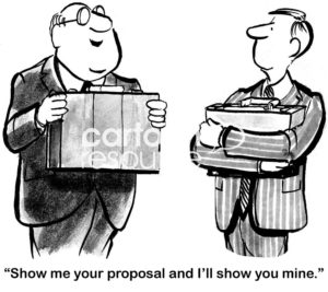 B&W sales cartoon of two salesmen holding their briefcases tightly to their chest. One says, 'show me your proposal and I'll show you mine'.