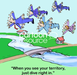 Color sales cartoon of sales people flying. Their leader says, 'when you see your territory, just dive right in'.