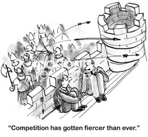B&W sales cartoon of two salesmen huddled behind a castle wall as the Viking shoot arrows at them. One says, 'competition has gotten fiercer than ever'.