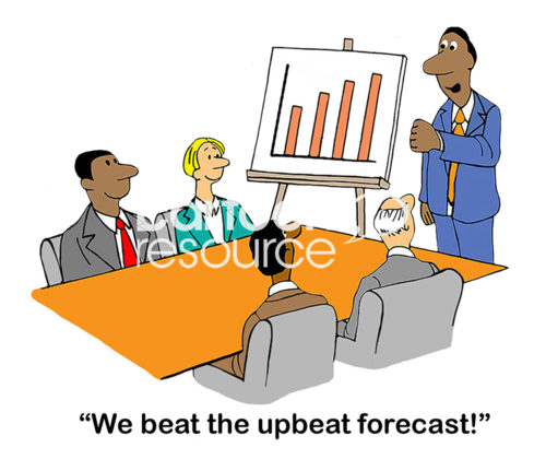 Color sales cartoon showing a happy team meeting with a positive sales chart, the male leader is saying, "we beat the upbeat forecast".