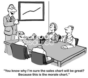 B&W sales cartoon showing a happy, male office boss showing the positive and improving morale chart.  Thus, "... the sales chart results will be great".