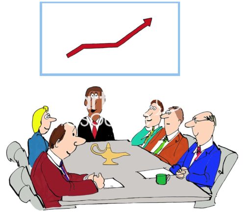Color sales cartoon illustration showing a team sales meeting and a chart with increasing sales. There is a genie's gold pot in the center of the table they are all looking at.