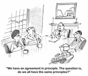 B&W cartoon showing five people in a meeting discussing whether '... we all have the same principles?'.