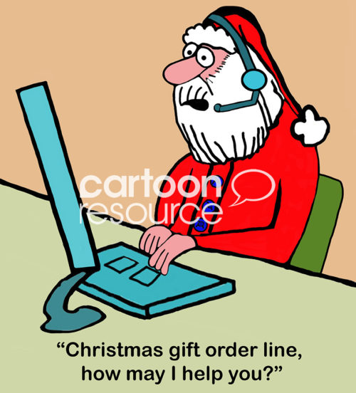 Christmas color cartoon showing Santa Claus is assisting by answering the North Pole with list order phone lines.