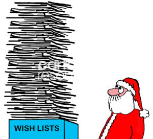 Christmas color cartoon of Santa Claus looking at a very, very, very tall stack of Wish Lists.