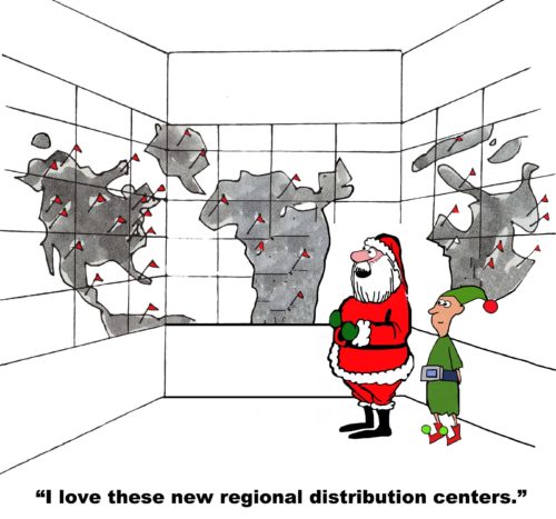 Christmas cartoon showing Santa Claus and an elf looking at a world map with multiple pins.  Santa is happy, "I love these new regional distribution centers".