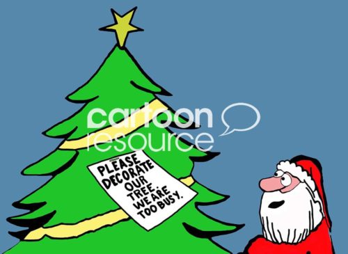 Color Christmas cartoon of Santa Claus standing by a non-decorated Christmas tree. The family is too busy and wants Santa to decorate the tree.