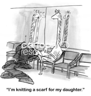 B&W cartoon of a giraffe talking to another giraffe, "I'm knitting a scarf for my daughter">