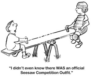 Family b&w cartoon of two boys playing on a seesaw. One has on an official seesaw outfit. The other says he did not know there were official seesaw clothes.