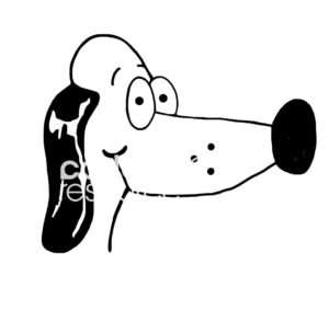 Dog b&w cartoon illustration of a smiling dog's head and neck.