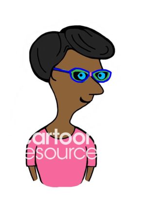 Color cartoon illustration of a smiling, beautiful African-American woman wearing colorful blue glasses and a pink top.