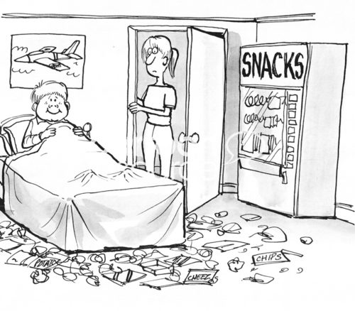 Family b&w cartoon of a shocked mother walking into her son's bedroom. He has a snack vending machine in his bedroom and empty wrappers all over the room.