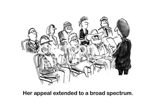 Speaker b&w cartoon showing that the female speaker appeals to people from all walks of life in her audience.