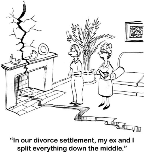 Divorce b&w cartoon showing a divorce where they literally split everything down the middle, including splitting the house in half.