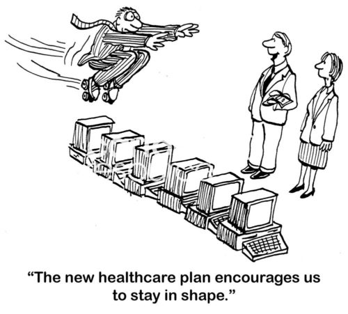 Insurance b&w cartoon showing an office worker trying to jump over 6 computers. Two workers watching him say, "The new healthcare plan encourages us to stay in shape".