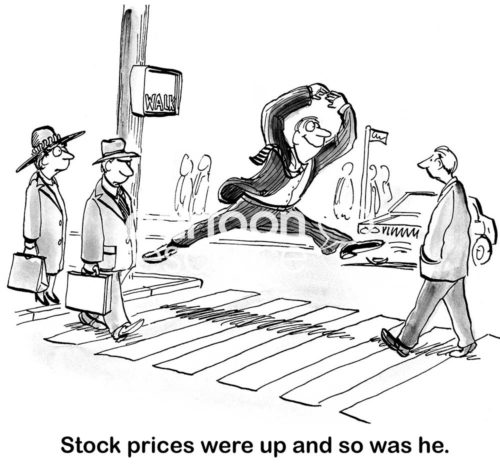 Finance b&w cartoon showing a man jumping with joy, stock prices were up and so was he.