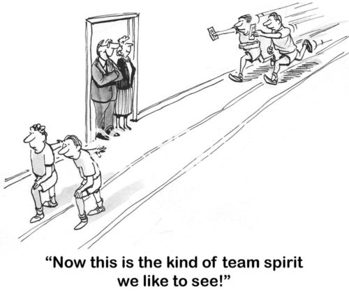 Teamwork b&w cartoon showing various teams running a relay race in the office hallway, "... the kind of team spirit we like to see".