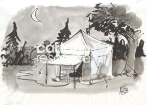 B&W cartoon illustration of a tent set up in a peaceful wooded area at night time. They have an electric cord extended to the tent so that they can watch tv.