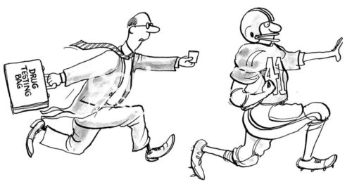 Football b&w cartoon of a drug testing doctor running after a player to get a drug specimen.