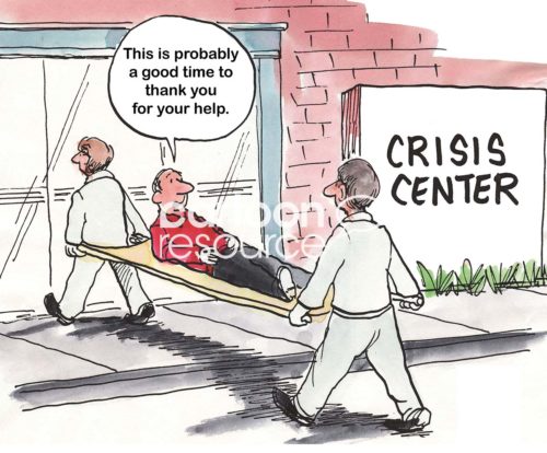 Medical cartoon showing a male patient thanking the emergency service personnel for rescuing him.