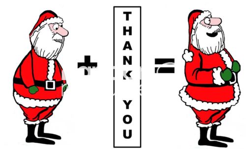 Christmas color cartoon of a sad Santa Claus + Thank You equals a happy Santa Claus.