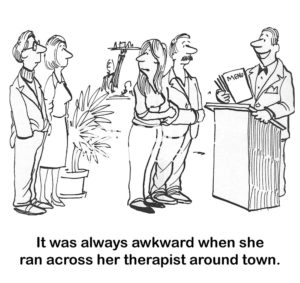 Therapy b&w cartoon of two couples in line at a restaurant, 'it was always awkward when she ran cross her therapist around town'.