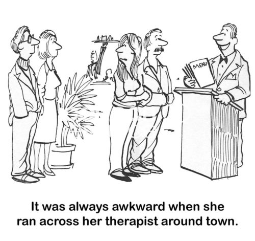 Therapy b&w cartoon of two couples in line at a restaurant, 'it was always awkward when she ran cross her therapist around town'.
