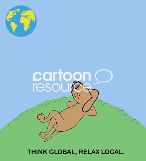 Color cartoon of a dog relaxing "think global, relax local".