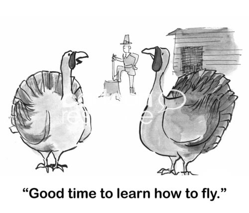 Thanksgiving cartoon showing that it is the winter holidays and the farmer is at the chopping block.  One turkey says to the other, "good time to learn how to fly".
