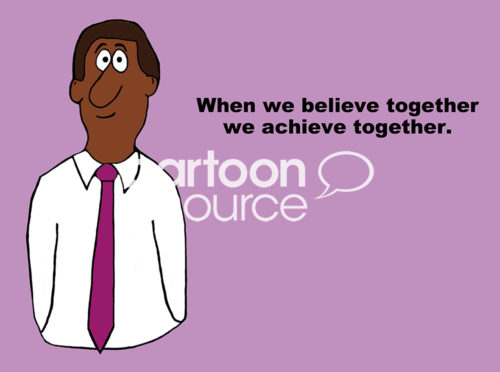 Team color cartoon of an African-American man and the words "when we believe together, we achieve together".