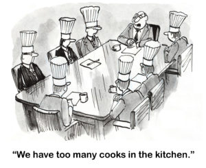 Leadership b&w cartoon of a CEO and seven male C-suite men, the seven are wearing chef's hats. The CEO says to them, 'We have too many cooks in the kitchen".