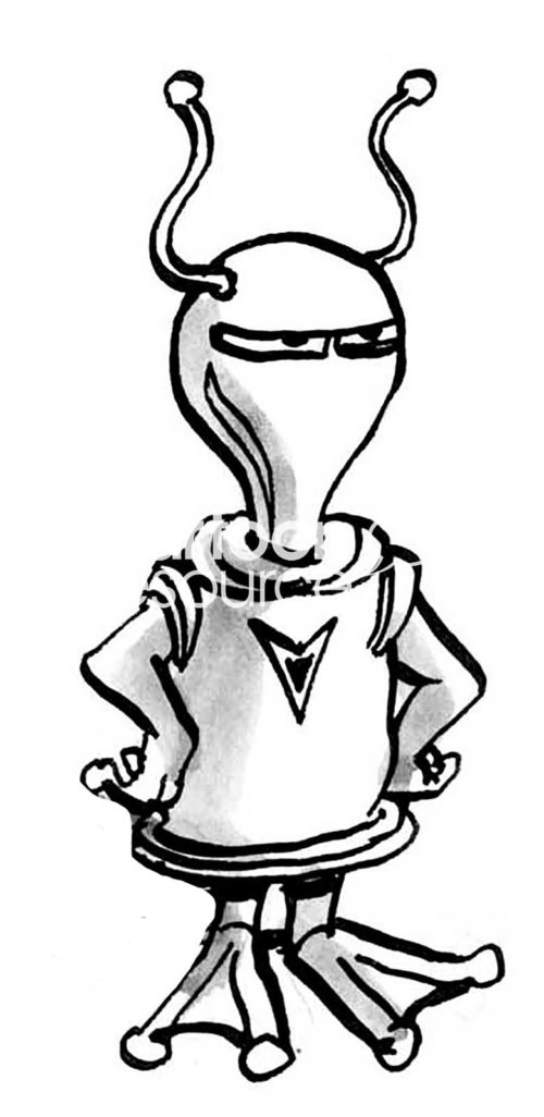 B&W cartoon illustration of an alien.