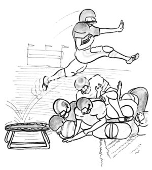 Football b&w cartoon showing player, carrying the football, jumping off a trampoline to jump and avoid being tackled.