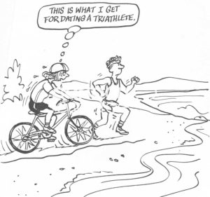 Romance b&w cartoon of an exhausted woman riding a bicycle as she tries to keep up with her running triathlete boyfriend.