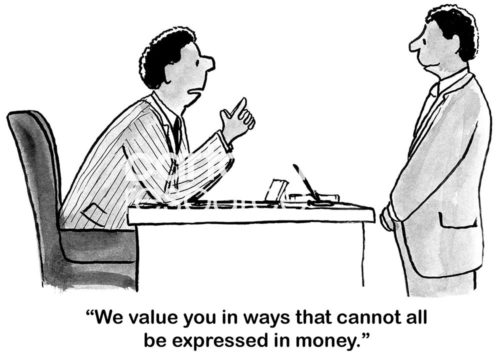 Human Resources b&w cartoon of two African-American office worker men. One says to the other, "We value you in ways that cannot all be expressed in money".