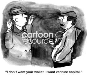 Finance cartoon showing a man with a gun who doesn't want your wallet, he wants venture capital.