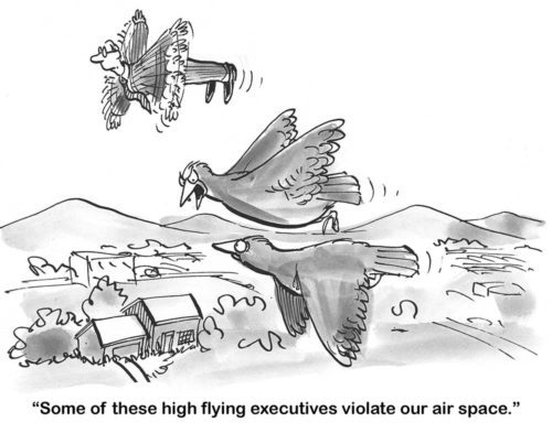 Businessman b&w cartoon showing a businessman flying beside the birds who feel "some of these high flying executives violate our air space'.