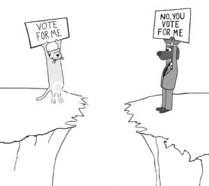 Political b&w cartoon of a dog and a cat both wanting the other to vote for them.
