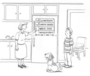 Family b&w cartoon illustration of a smiling mother, her smiling son and their excited dog. She is pointing to the boy's list of chores including walking the dog.
